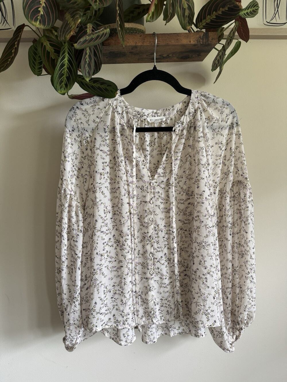 Blu Pepper‎ Floral Boho Blouse Womens Small Cream Purple Balloon Sleeve Tie Neck